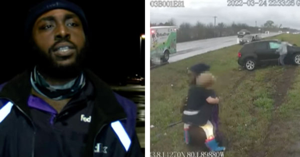 VIDEO: A brave FedEx worker rescues a little kid from being injured in a vehicle accident just before the end of his shift…