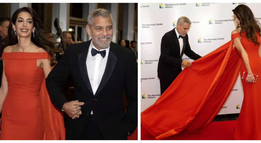 While on the red carpet for the Kennedy Center Honors, George Clooney can be seen adjusting his wife Amal’s train…